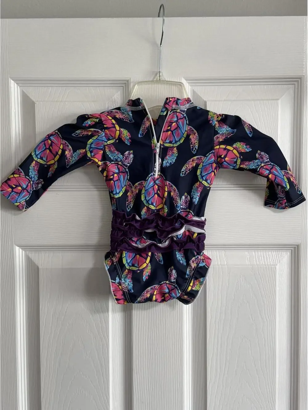 Girls’ Long Sleeve Turtle Print Ruffle Swimsuit – Size 3–6 Months